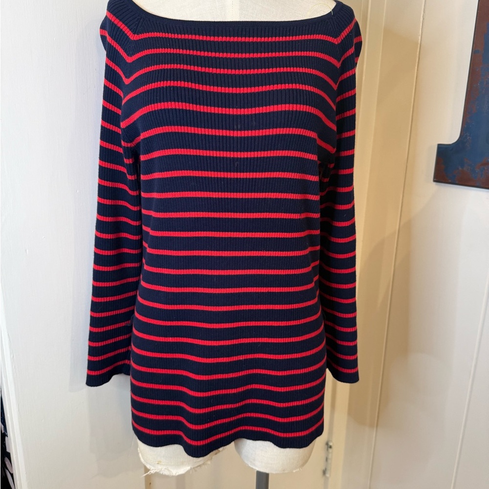 Lauren Ralph Lauren Navy and Red Striped Knit Sweater Sz M